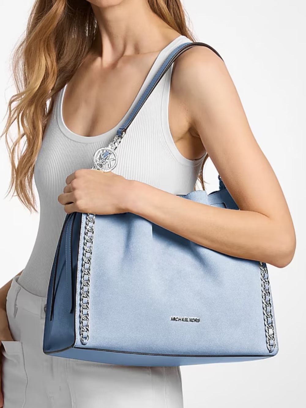 Michael Kors Mina Large Suede Chain Shoulder Bag Pale Ocean Blue Leather NWT - Picture 3 of 16